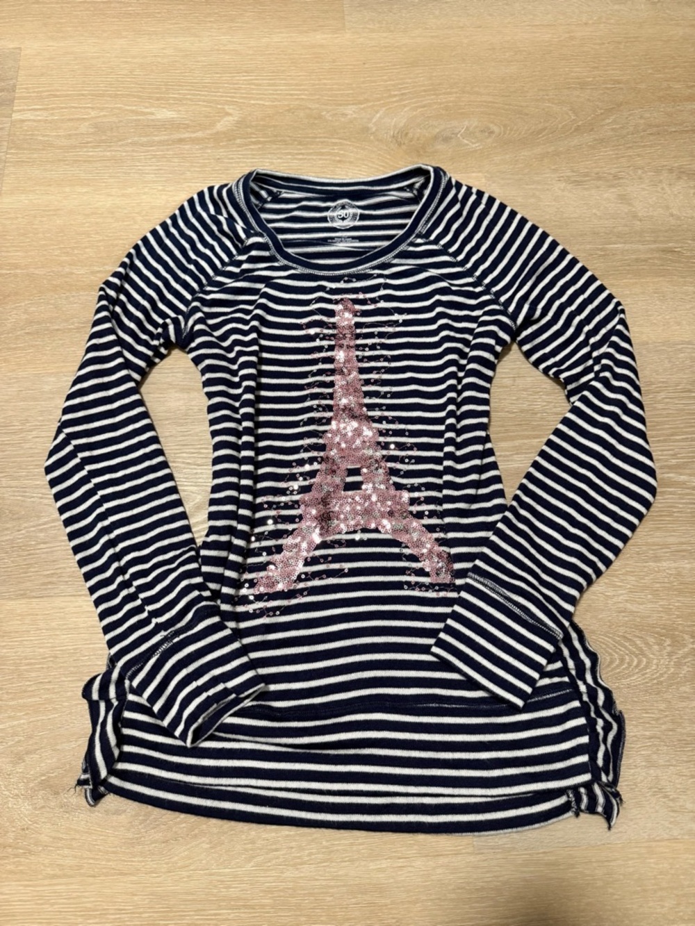 SO Sequin Eiffel Tower Striped Graphic Tee sz 14 268